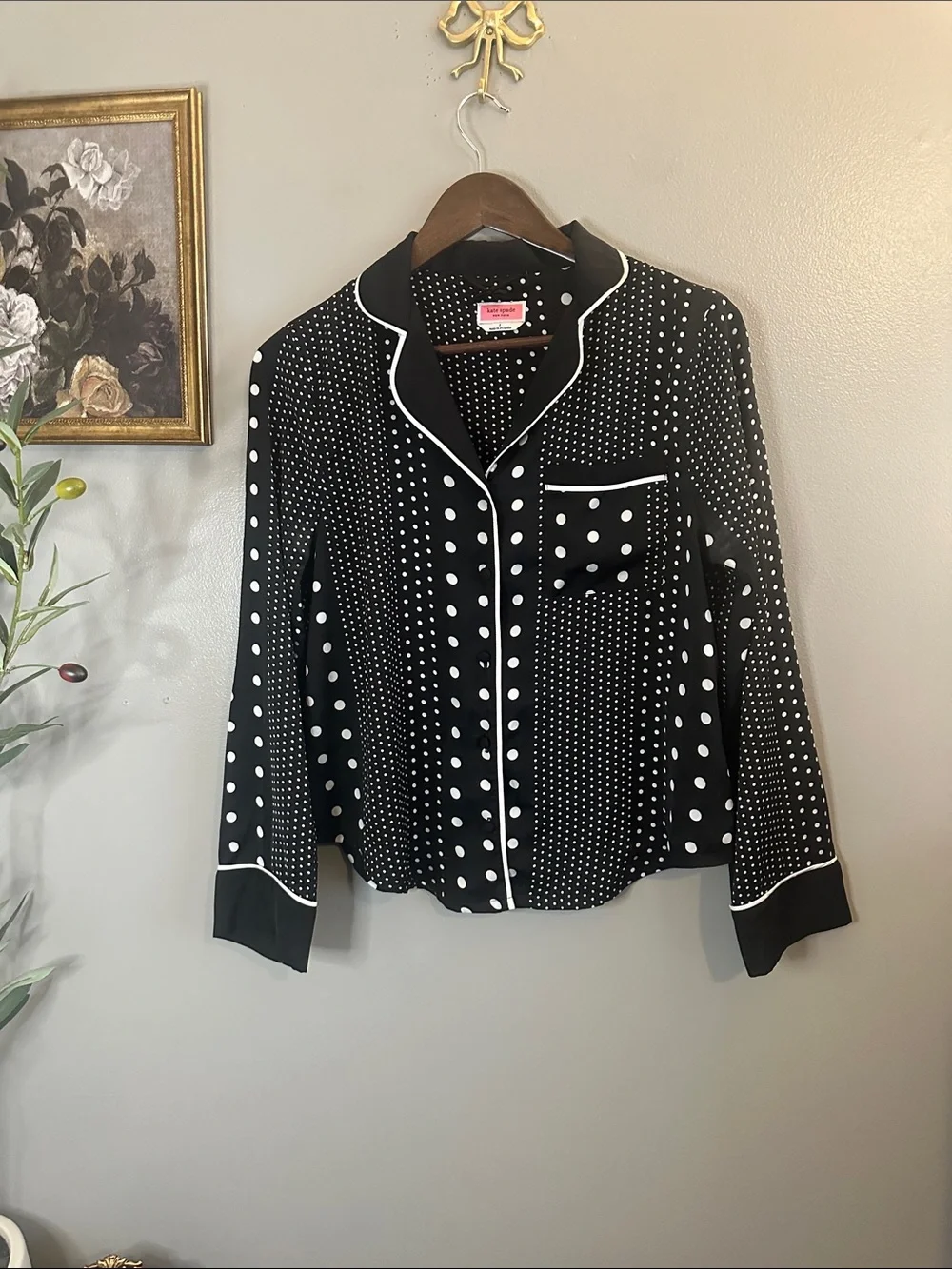 Kate Spade New York Polka Dot Button Front Blouse Pajama Style Top Small